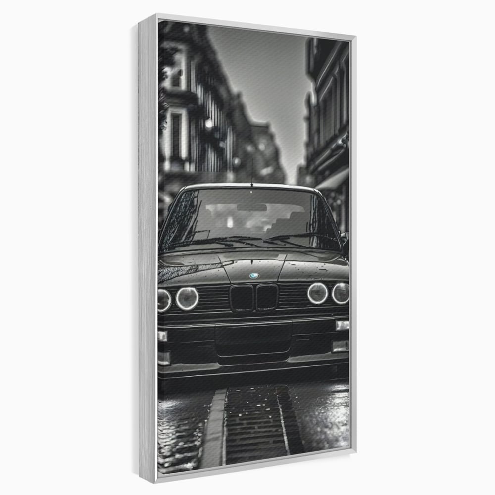 Tablou canvas cu tablou canvas cu masina bmw clasica, in rama de aluminiu argintiu